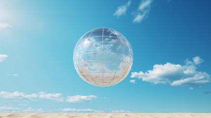 A volleyball ball with a net on a clear sky