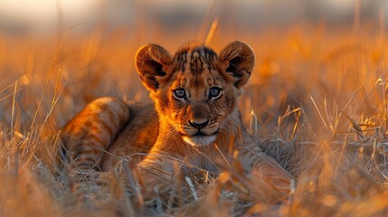 Lion cub lying in the tall dry grass, far away from the camera