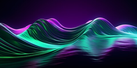 Neon green and purple 3D waves reflecting off a gleaming surface, their shiny appearance adding to their dynamic presence. - obrazy, fototapety, plakaty