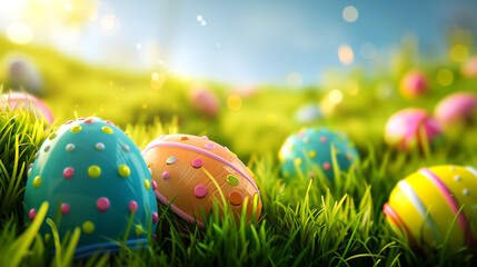 Bright Easter eggs in green lush grass against the backdrop of a bright sunny day, hyper-realistic photo