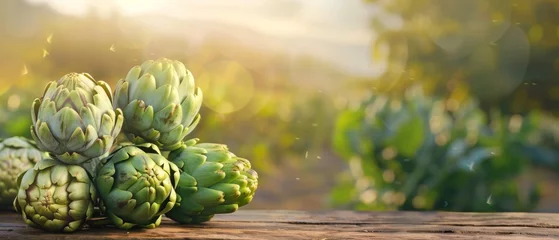 Fotobehang Fresh Artichokes on Wooden Table at Sunset, A group of fresh artichokes sits on a rustic wooden table, basking in the warm, golden light of a setting sun with a soft-focus farm background. © petrrgoskov