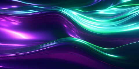 Neon green and purple 3D waves reflecting off a gleaming surface, their shiny appearance adding to their dynamic presence.