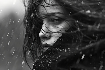 A woman with black hair stands in the rain, her hair blowing in the wind