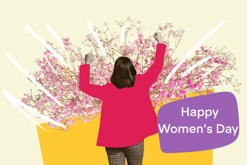 Back view collage of unknown strong powerful woman celebrate happy women day isolated on painted floral background