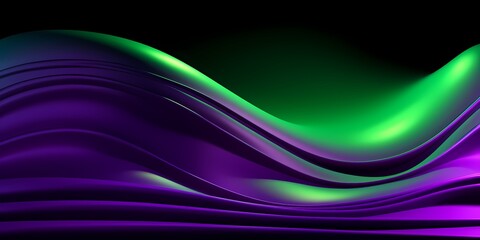 Neon green and purple 3D waves reflecting off a gleaming surface, their shiny appearance adding to their dynamic presence.
