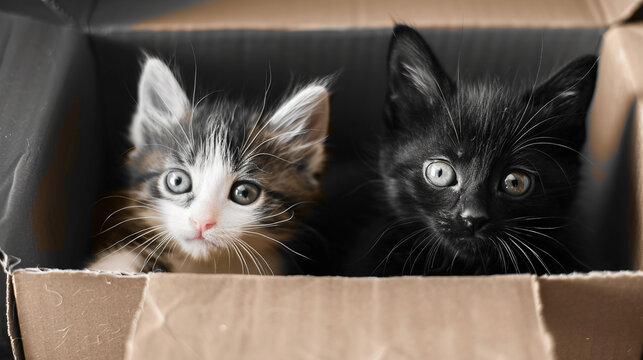 Kittens in the cardboard. 