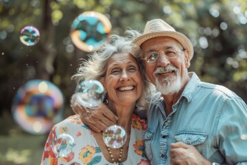 An elderly couple shares a light-hearted moment surrounded by soap bubbles in a sunny, verdant garden.