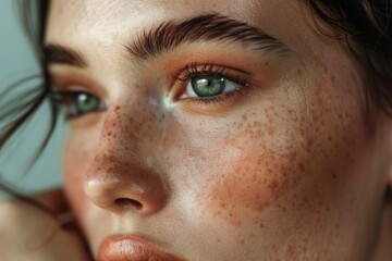 Intimate close-up of a young woman's face, her green eyes telling a story amidst a constellation of delicate freckles.