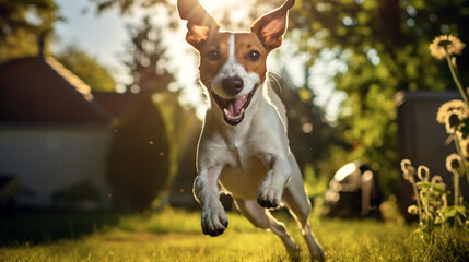 Adorable pedigreed Smooth Fox Terrier happily play - obrazy, fototapety, plakaty