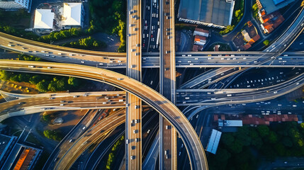 Aerial top view of highway junction interchange 