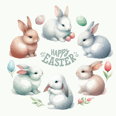 Round watercolor frame with cute Easter rabbit bunny, floral leaves and lettering.