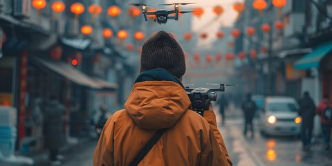 Obraz premium Man Flying Drone Over Chinese Street During Festivities