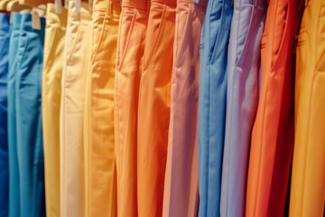 A collection of plain, colored trousers in a gradient from cool to warm tones hangs in a tidy line, creating a rainbow effect.