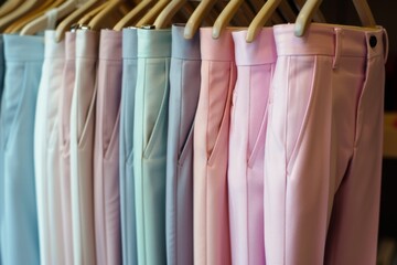 Soft-focus on a row of trousers in a delicate pastel spectrum, conveying a sense of springtime freshness and light fashion.