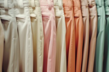 Soft pastel trousers arranged in a harmonious sequence, transitioning from creamy whites to serene greens, reflecting a calm, fashionable aesthetic.