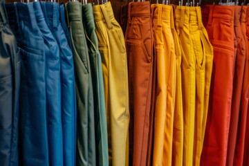 A collection of trousers in vibrant colors hanging on hanger.