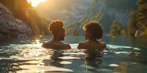 A young couple enjoys a refreshing swim in a vibrant mountain surrounded by the beautiful landscape