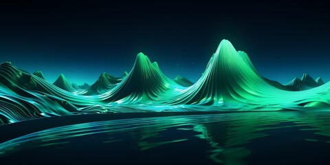 Neon green and cyan waves in 3D, their reflective surface enhancing their vibrant colors, creating a dynamic scene.
