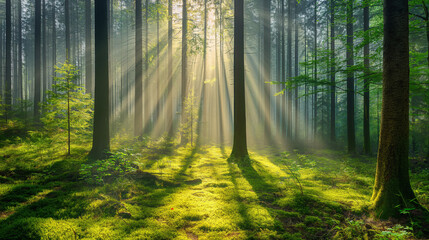 Obraz premium Spring Forest with Beautiful Sun Rays