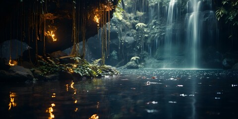 Enchanting grotto behind a waterfall adorned with shimmering crystals in moonlight. Concept Enchanted Grotto, Waterfall Setting, Shimmering Crystals, Moonlight Ambiance