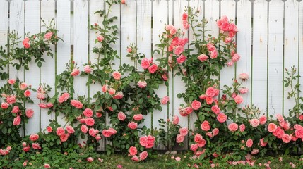 Fototapeta na wymiar Colorful garden border, white fence and pink roses