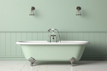 Stylish light green bathroom interior featuring a luxurious bathtub and trendy tiled wall design