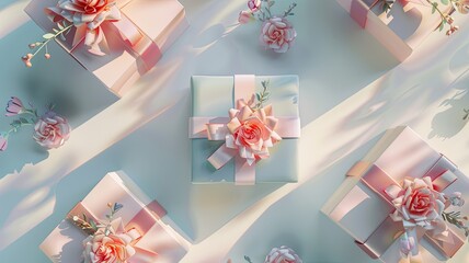 decorated gift boxes embellished with flowers and bows, elegantly arranged on a serene white pastel backdrop, perfect for conveying warmth and appreciation.