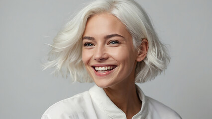 Fototapeta premium A young Caucasian woman with white hair smiles happily.