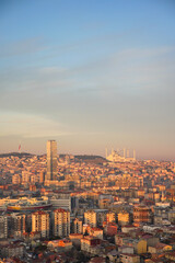 Arial View of Istanbul city buildings and camlica mosque in background 