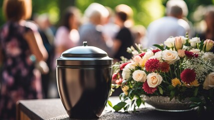 Funerary urn with ashes of dead and flowers at funeral. Burial urn decorated with flowers and people mourning in background at memorial service, sad and grieving last farewell to deceased person.


 - obrazy, fototapety, plakaty