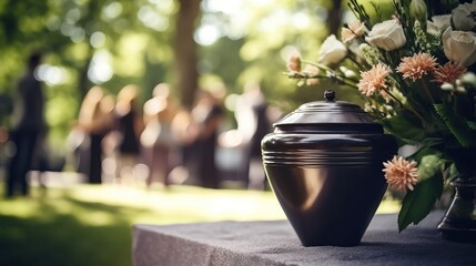 Funerary urn with ashes of dead and flowers at funeral. Burial urn decorated with flowers and people mourning in background at memorial service, sad and grieving last farewell to deceased person.


