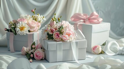 decorated gift boxes embellished with flowers and bows, elegantly arranged on a serene white pastel backdrop, perfect for conveying warmth and appreciation.