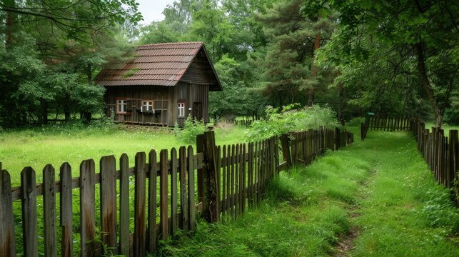 Countryside house backyard with old wooden fence.
