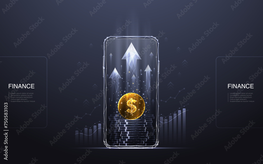Poster Abstract digital mobile cellphone with golden dollar coin, coin stack and arrow up on smarthone screen. Growth graph chart on technology dark background. Money increase revenue. Vector illustration.