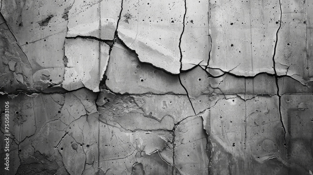 Canvas Prints Cracked concrete texture background. Grey surface with cracks close up. A lot of pieces of splintered plaster. Abstract concept of split, dissent, disagreement, discord. Sunny day with shadows.