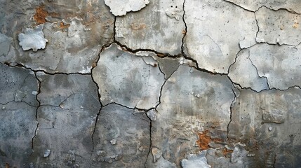 Cracked concrete texture background. Grey surface with cracks close up. A lot of pieces of splintered plaster. Abstract concept of split, dissent, disagreement, discord. Sunny day with shadows.