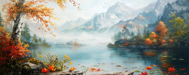 Paint a beautiful scenery unfolding on a peaceful board inviting viewers to embrace tranquility
