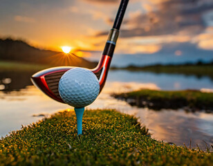 Close-up of golf ball on tee with club at sunset at golf club