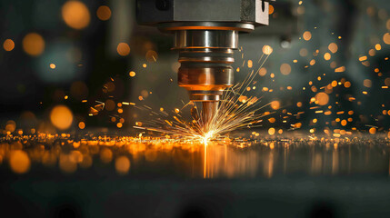 Close-up of a skilled technician in industrial workwear using grinder and drilling tools, creating sparks in a metalworking factory