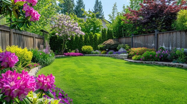 Fenced backyard. View of lawn and blooming flower beds