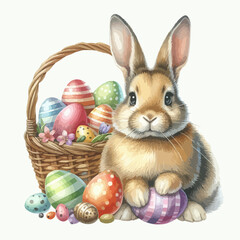 Fototapeta na wymiar Watercolor Easter bunny rabbit with a basket of painted Easter eggs.
