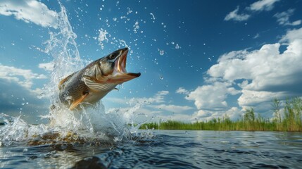 Jumping Pike Fish Splashing Water, A dynamic image of a pike fish leaping out of the water, creating a vivid splash against a blue sky. - obrazy, fototapety, plakaty