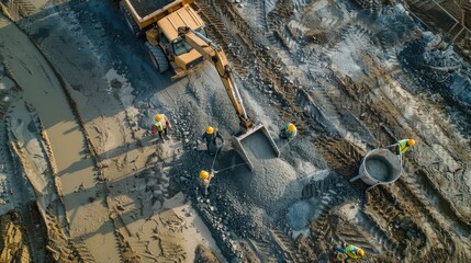 Industrial construction machinery workers pouring cement concrete using a concrete bucket