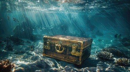 photo of treasure chest submerged underwater with light rays - obrazy, fototapety, plakaty