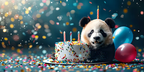 A panda birthday cake with candles on it, A happy panda bear wearing a party hat Black lines bright colors celebration
 - obrazy, fototapety, plakaty