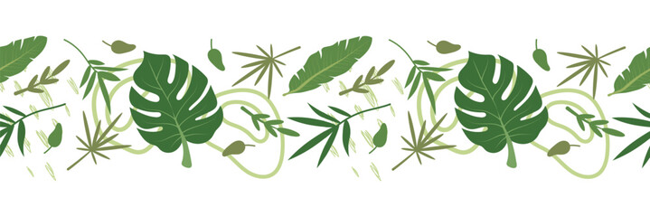 Tropical leaves seamless border with abstract elements. Vector illustration, isolated.