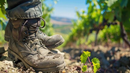 hiking boots, showcasing the textures and details of the footwear amidst the scenic backdrop of lush grapevines and rolling hills.