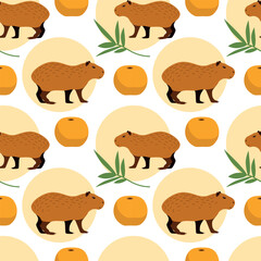 Capybara seamless pattern with leaves and oranges. Vector pattern for packaging, cover, case