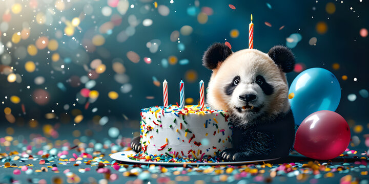 A panda birthday cake with candles on it, A happy panda bear wearing a party hat Black lines bright colors celebration

