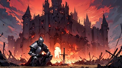 Lonely knight against the background of a ruined castle, illustration, vector - obrazy, fototapety, plakaty